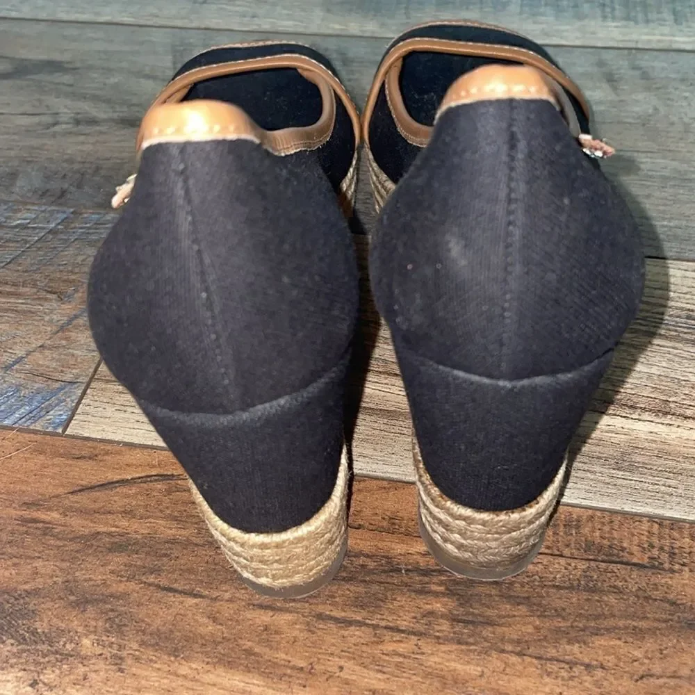 Tory Burch Black & Brown Majorca Espadrille Peep Toe Wedge